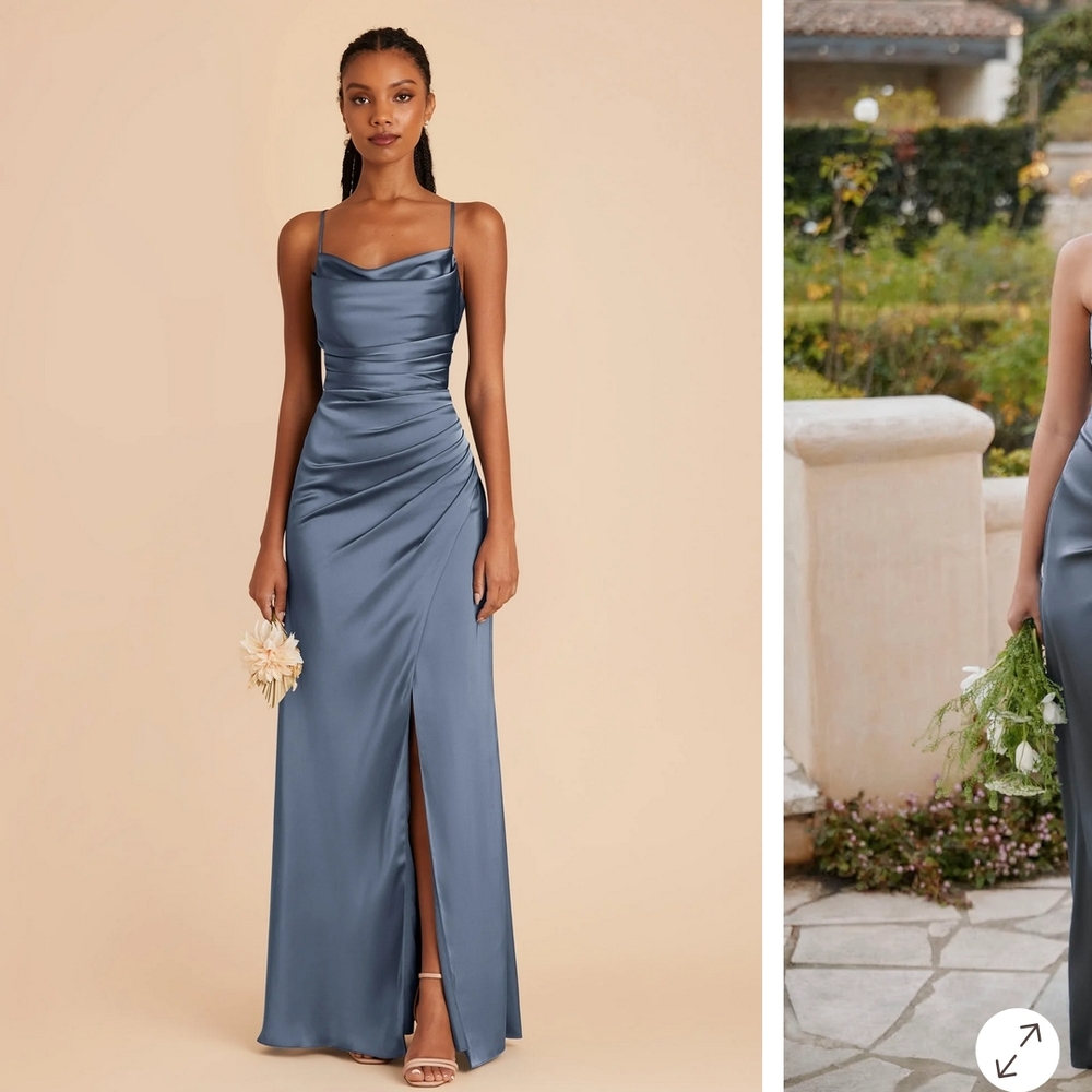 Birdy Grey Satin Cowl Neck Gown in Slate Blue